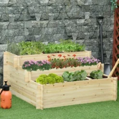 OUTSUNNY Raised Garden Bed Wooden Natural 3 Tier