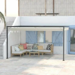 OUTSUNNY Wall Mounted Pergola With Retractable Canopy Beige 3m X 3m