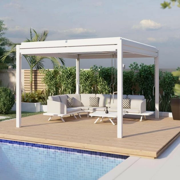 Maze Pergola Square Aluminium With 4 Drop Sides White 3mx3m 1 Maze Pergola Square Aluminium With 4 Drop Sides White 3mx3m